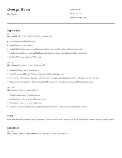 Gas Plumber Resume