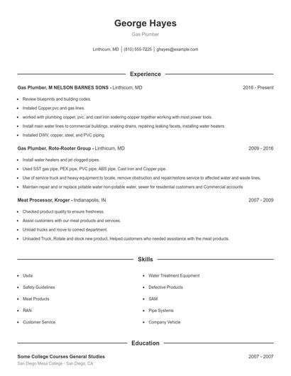 Gas Plumber Resume