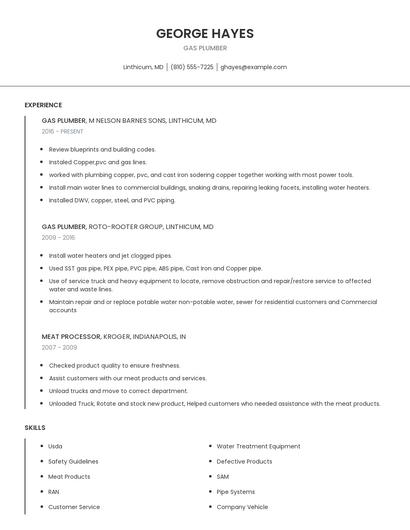 Gas Plumber Resume