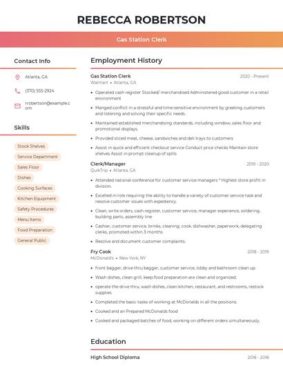 Gas Station Clerk Resume