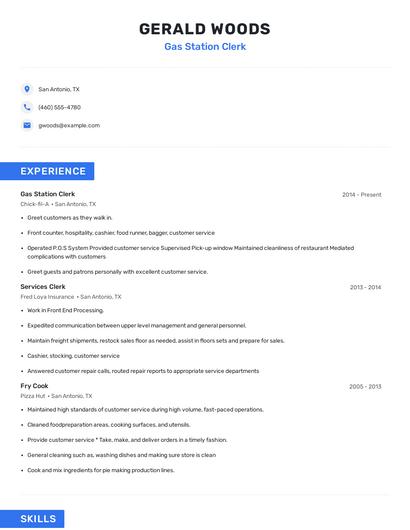 Gas Station Clerk Resume
