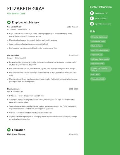 Gas Station Clerk Resume