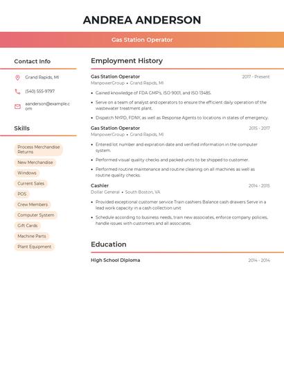 Gas Station Operator Resume