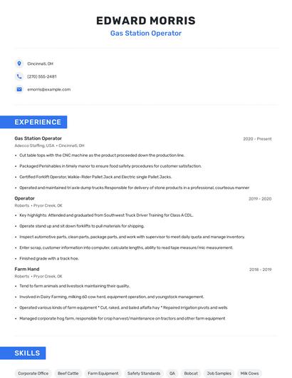Gas Station Operator Resume