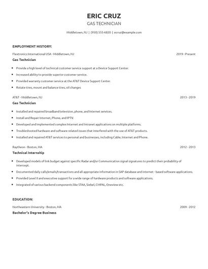 Gas Technician Resume