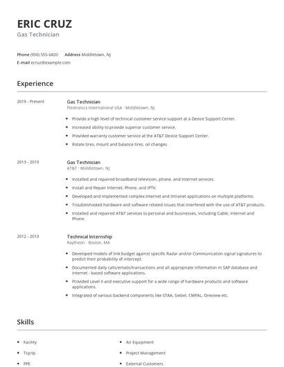 Gas Technician Resume