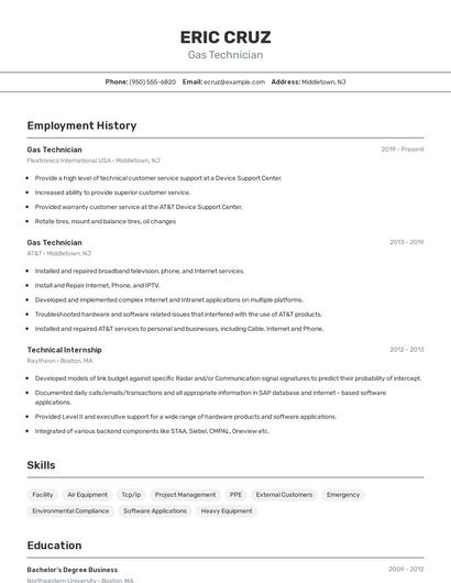 Gas Technician Resume