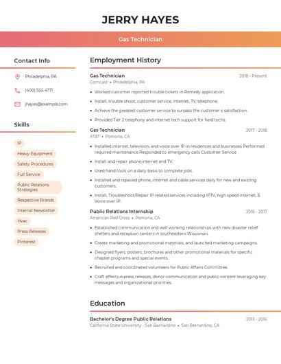 Gas Technician Resume