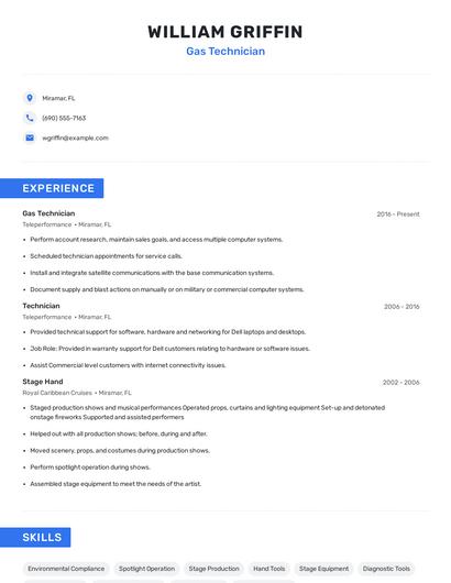 Gas Technician Resume
