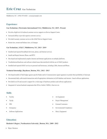 Gas Technician Resume