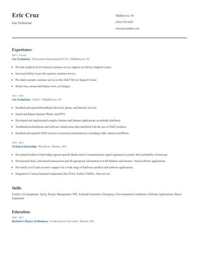 Gas Technician Resume