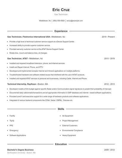 Gas Technician Resume