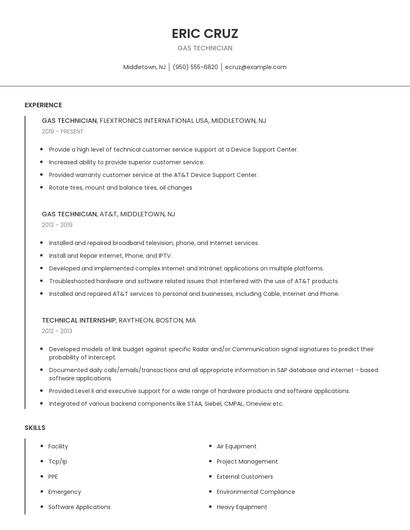 Gas Technician Resume