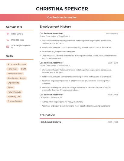 Gas Turbine Assembler Resume