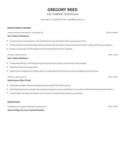 Gas Turbine Technician Resume