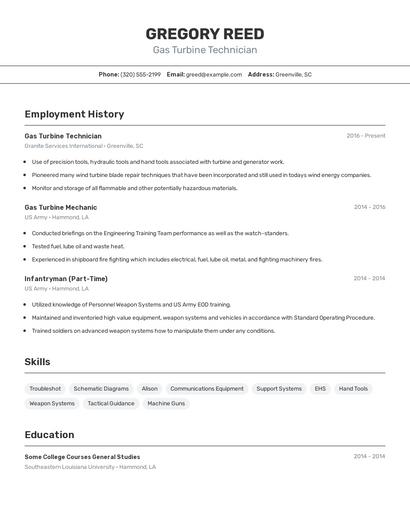 Gas Turbine Technician Resume