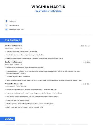 Gas Turbine Technician Resume