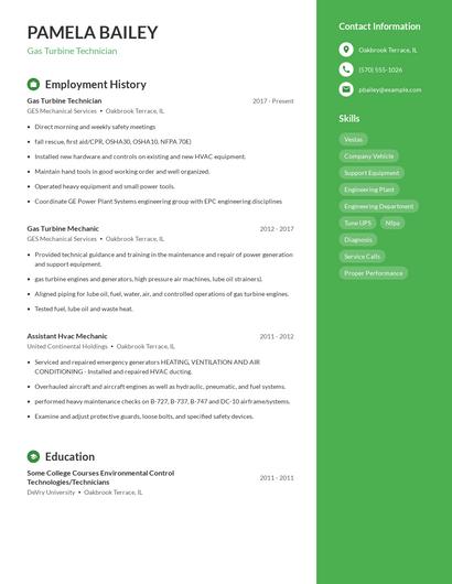 Gas Turbine Technician Resume