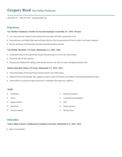 Gas Turbine Technician Resume