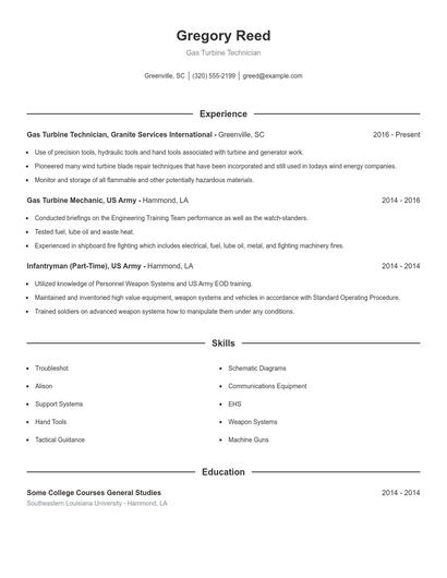 Gas Turbine Technician Resume