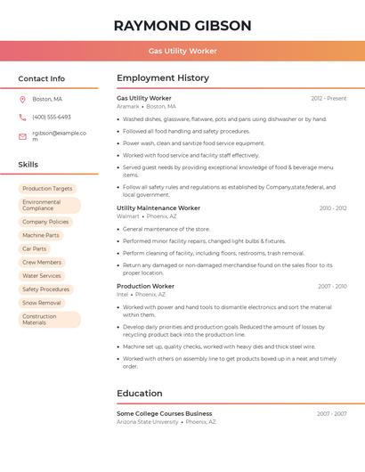 Gas Utility Worker Resume