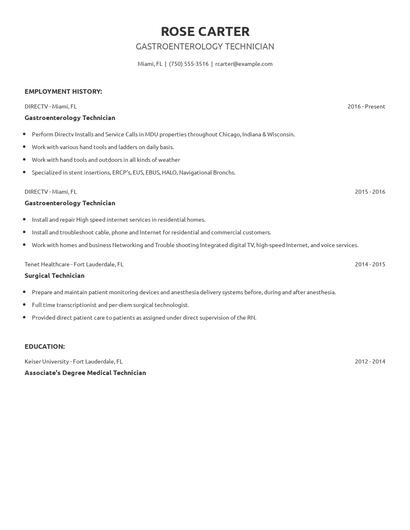 Gastroenterology Technician Resume
