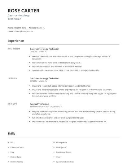 Gastroenterology Technician Resume