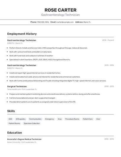 Gastroenterology Technician Resume