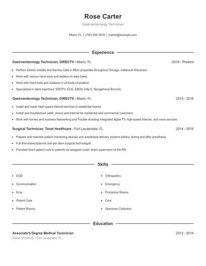 Gastroenterology Technician Resume
