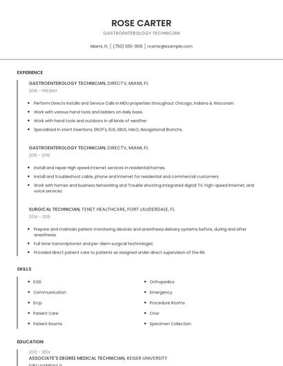 Gastroenterology Technician Resume