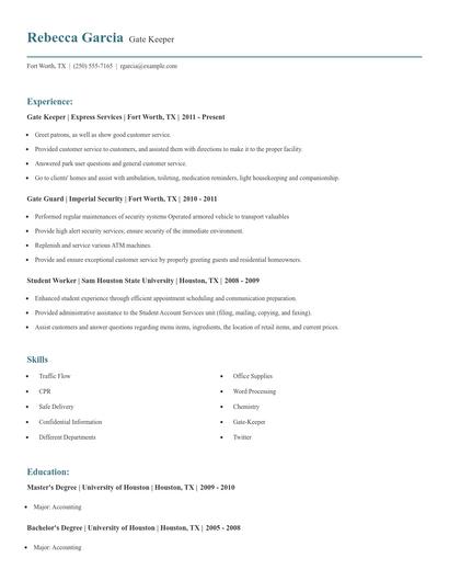 Gate Keeper Resume