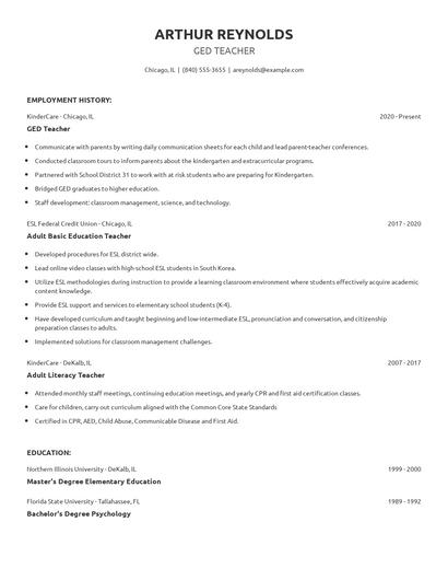 GED Teacher Resume