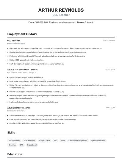 GED Teacher Resume