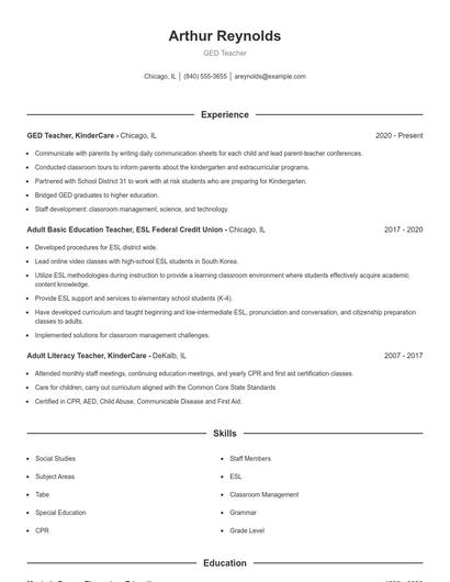 GED Teacher Resume