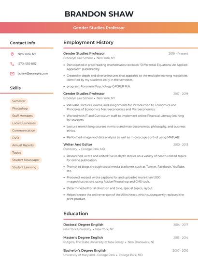 Gender Studies Professor Resume