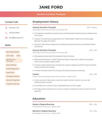 General Activities Therapist Resume