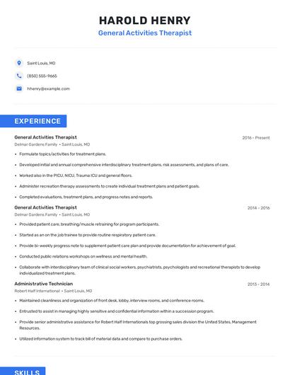 General Activities Therapist Resume