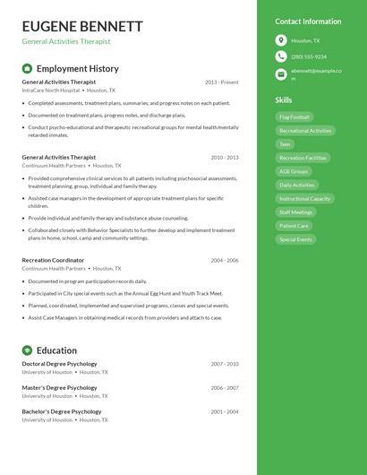 General Activities Therapist Resume