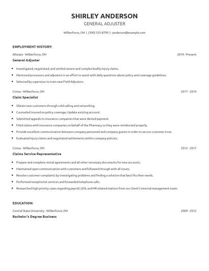 General Adjuster Resume