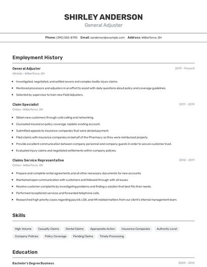 General Adjuster Resume