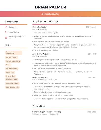 General Adjuster Resume
