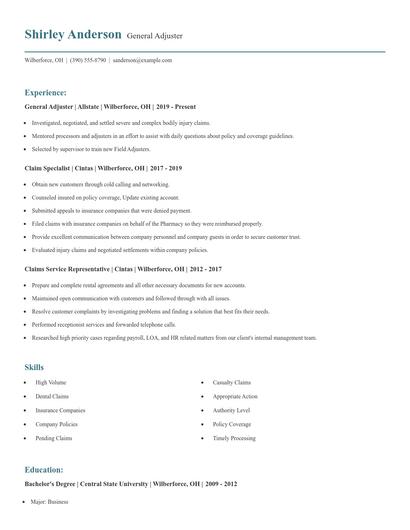 General Adjuster Resume