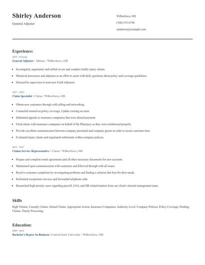 General Adjuster Resume