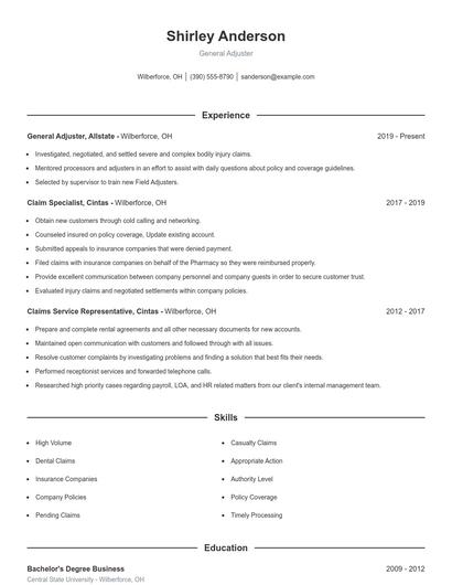 General Adjuster Resume