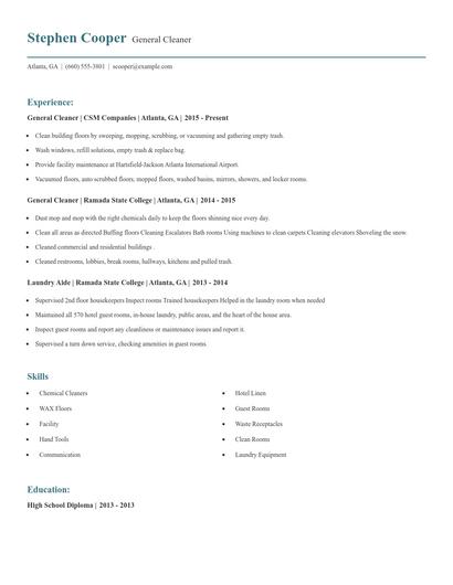 General Cleaner Resume