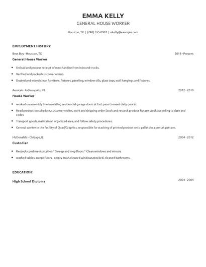 General House Worker Resume