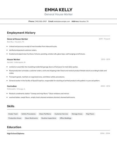 General House Worker Resume