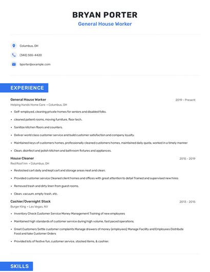 General House Worker Resume
