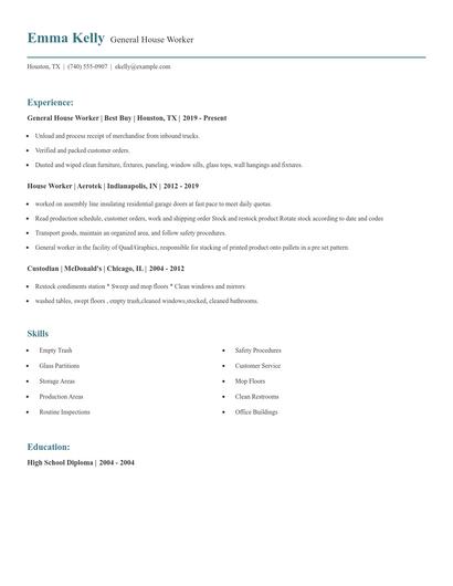 General House Worker Resume