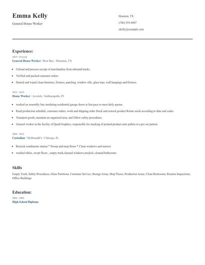 General House Worker Resume